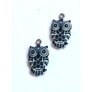 2 Black Enamel Owl Charms